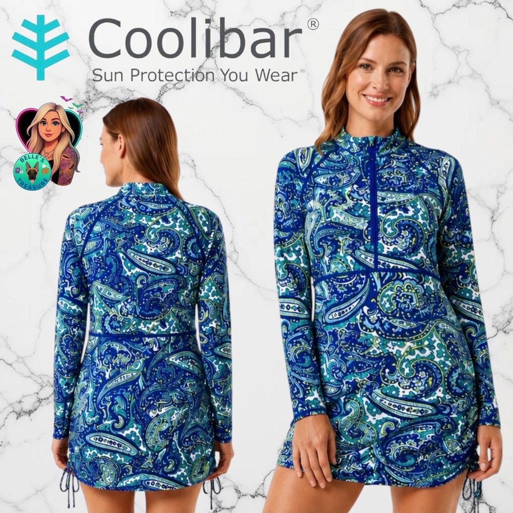 Coolibar Lawai Ruche Swim Shirt UPF 50+ Paisley Large Quarter Zip Swim Dress